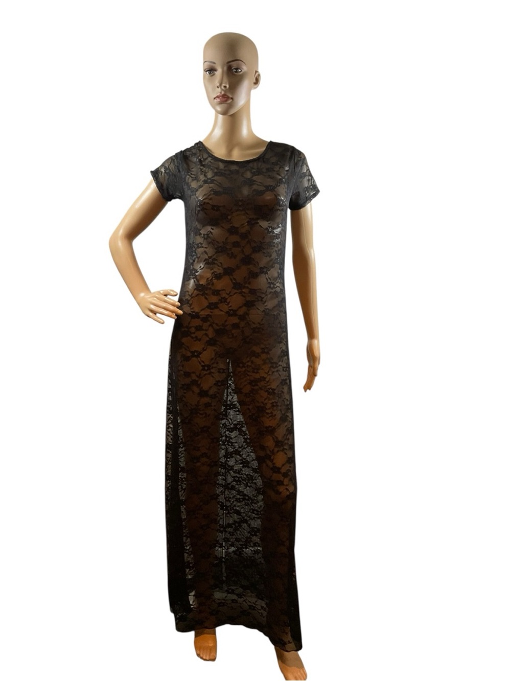 Source Unknown Black Sheer Lace Short-Sleeve Maxi Slip